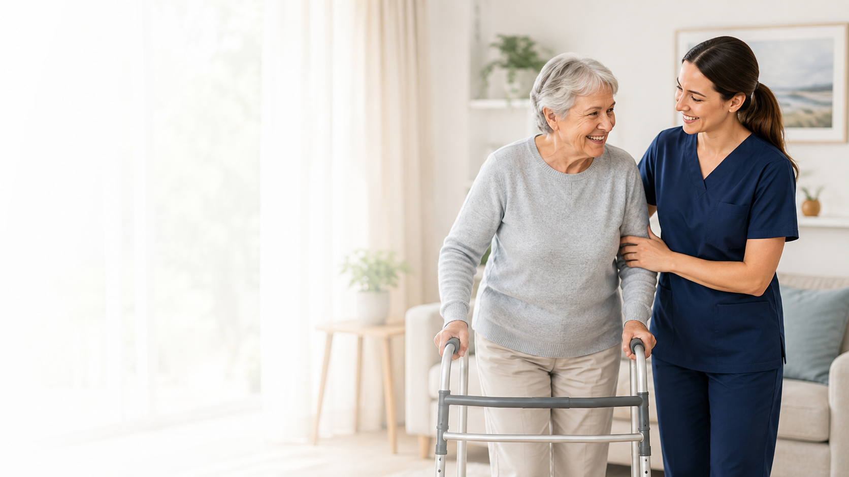 Caregiver assisting an elderly woman using a walker at home